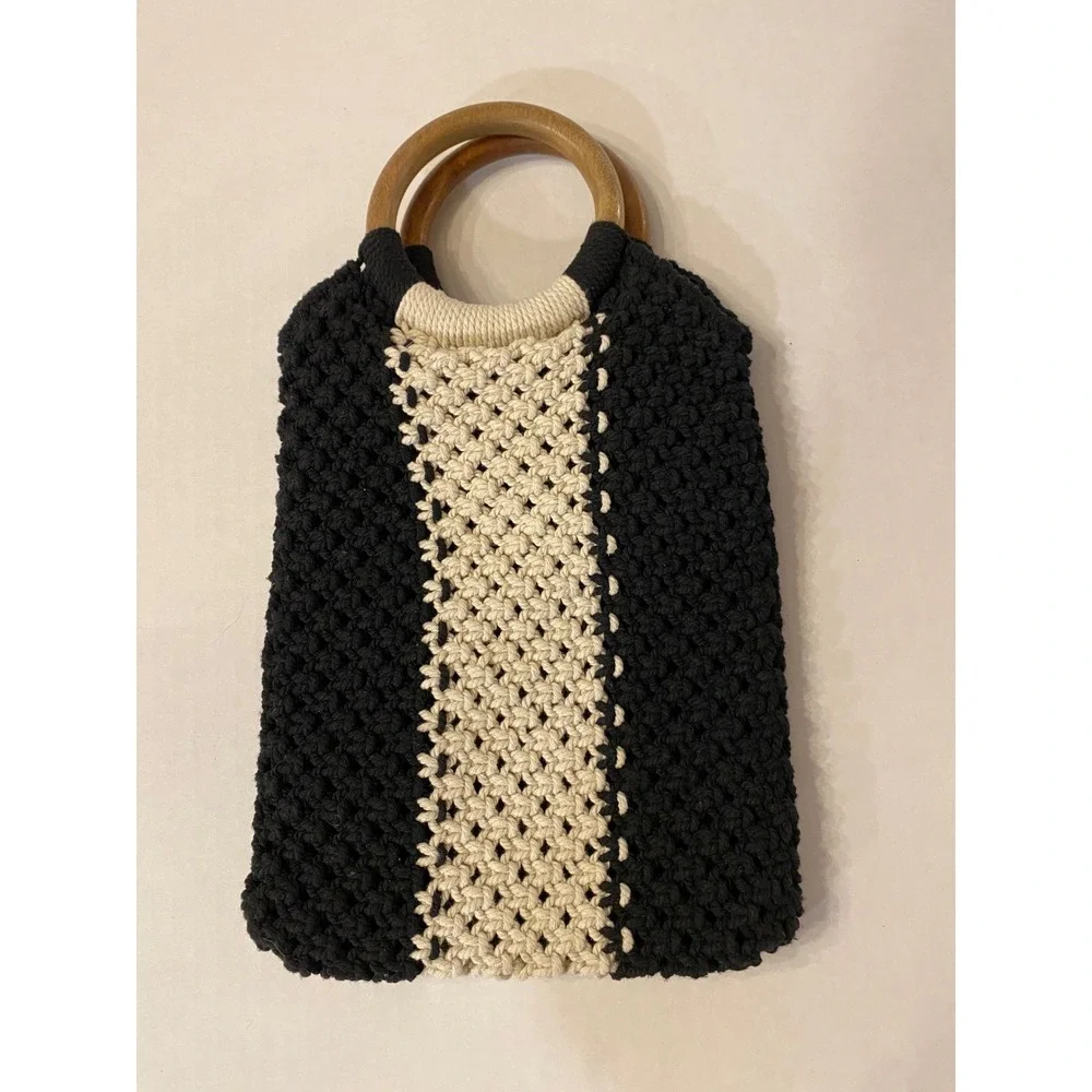 LAUDE‎ the Label Black Cream Mini Macrame Cotton Bag with Wooden Ring Handles
